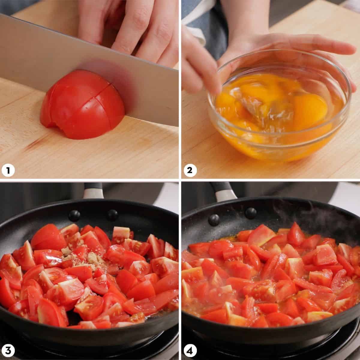 process shots for how to make tomato and egg stir fry, steps 1-4