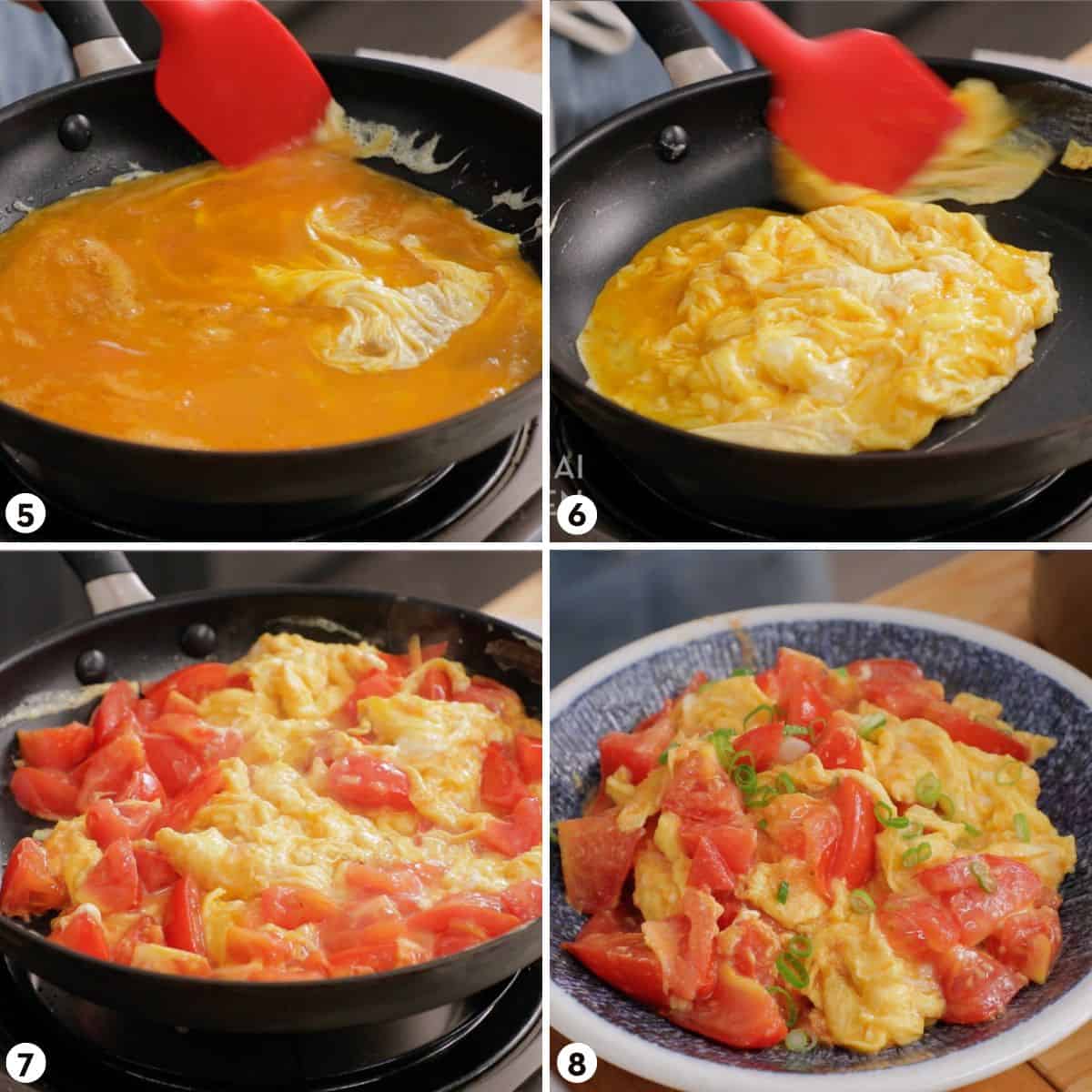 process shots for how to make tomato and egg stir fry, steps 5-8