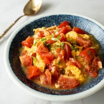 a plate of tomato and egg stir fry