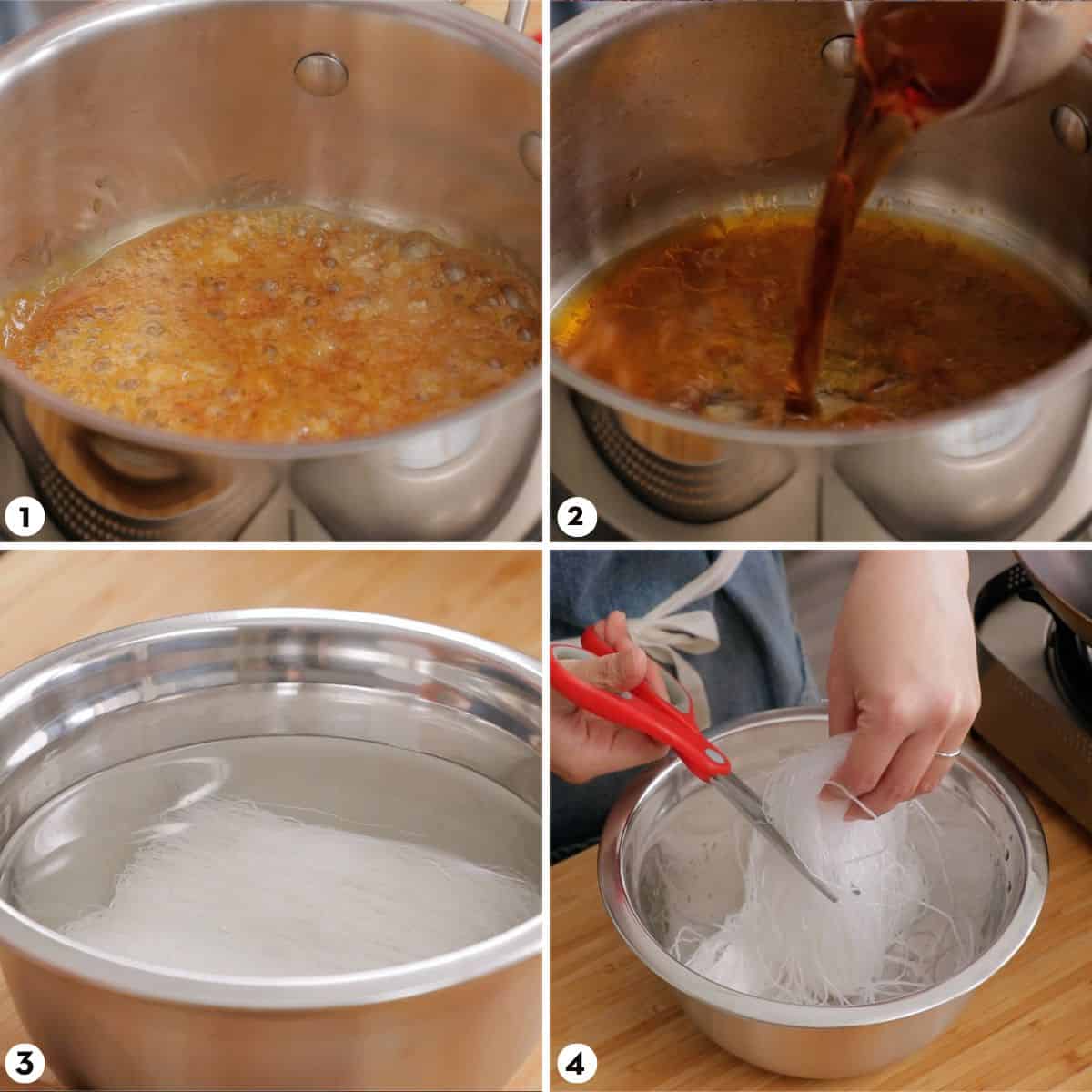 Process shots for making pad thai with glass noodles steps 1-4