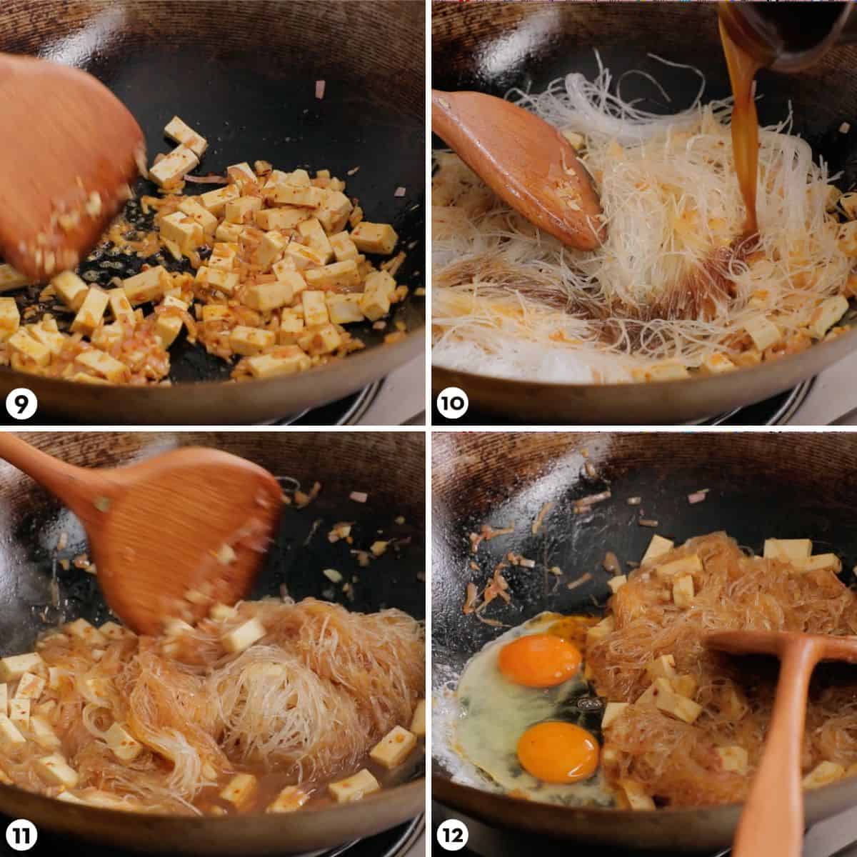 Process shots for making pad thai with glass noodles steps 9-12