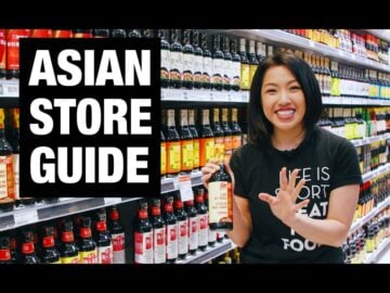 Pailin standing in front of sauce aisle at the grocery store with text "Asian store guide"
