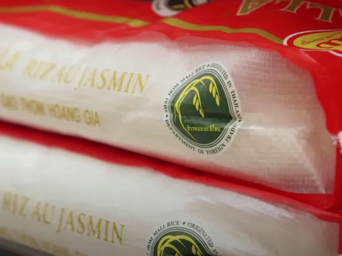 Thai genuine jasmine rice logo on rice bags