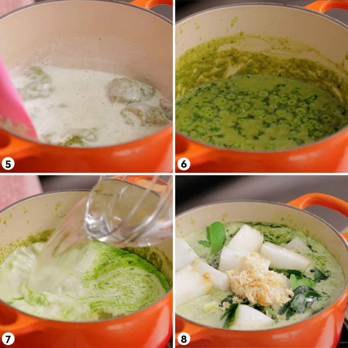 process shots for making vegan green curry, steps 5-8