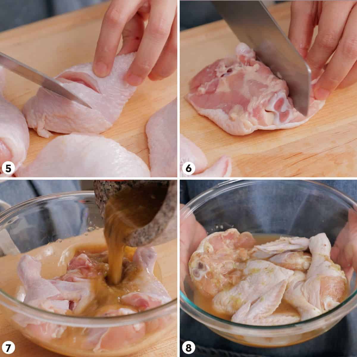 Process shots for making Thai fried chicken, steps 5-8
