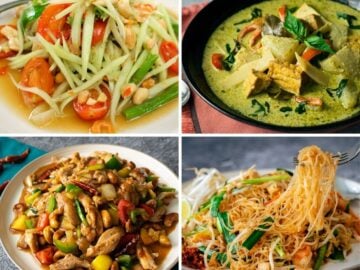 A grid of 4 pictures: papaya salad, green curry, cashew chicken, and glass noodle pad thai