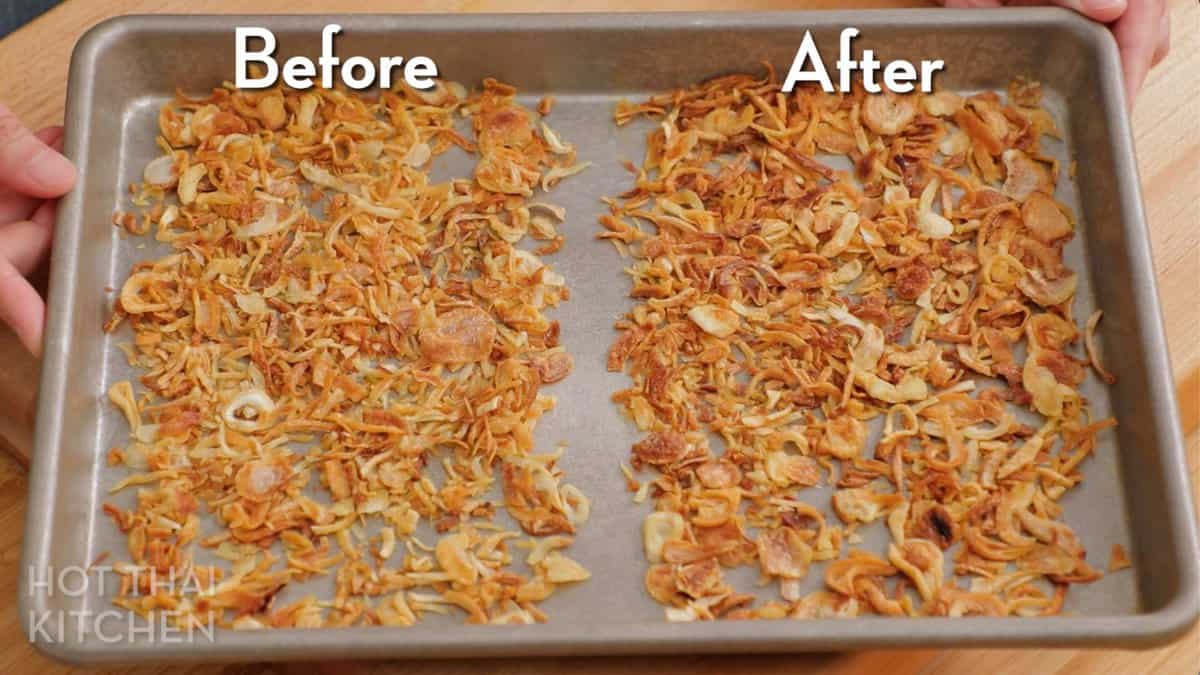 image comparing fried shallots before and after baking