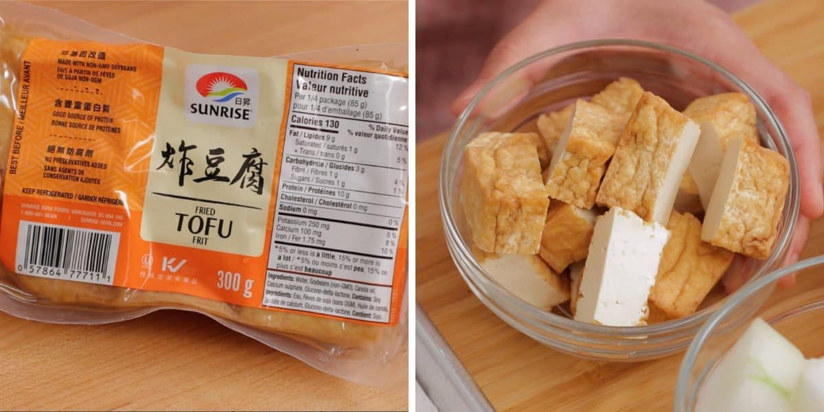 fried tofu in its packaging, and already cut in a bowl
