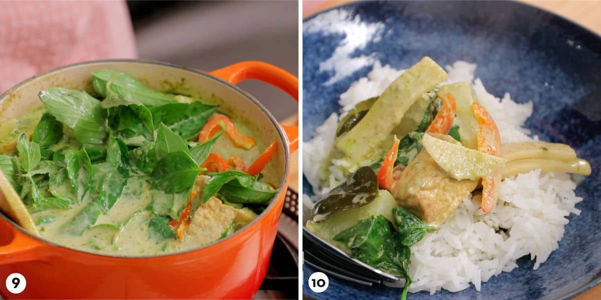 process shots for making vegan green curry, steps 9-10