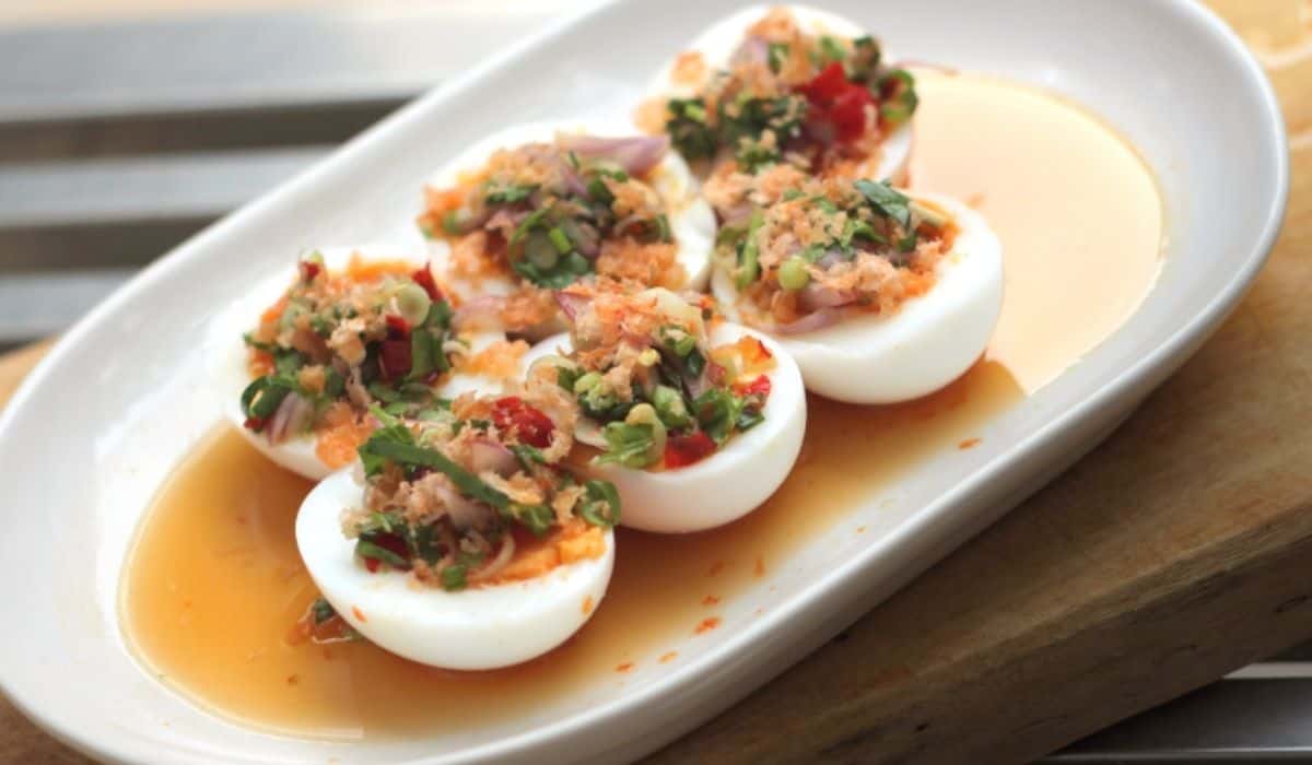 A plate of Thai eggs and herb salad