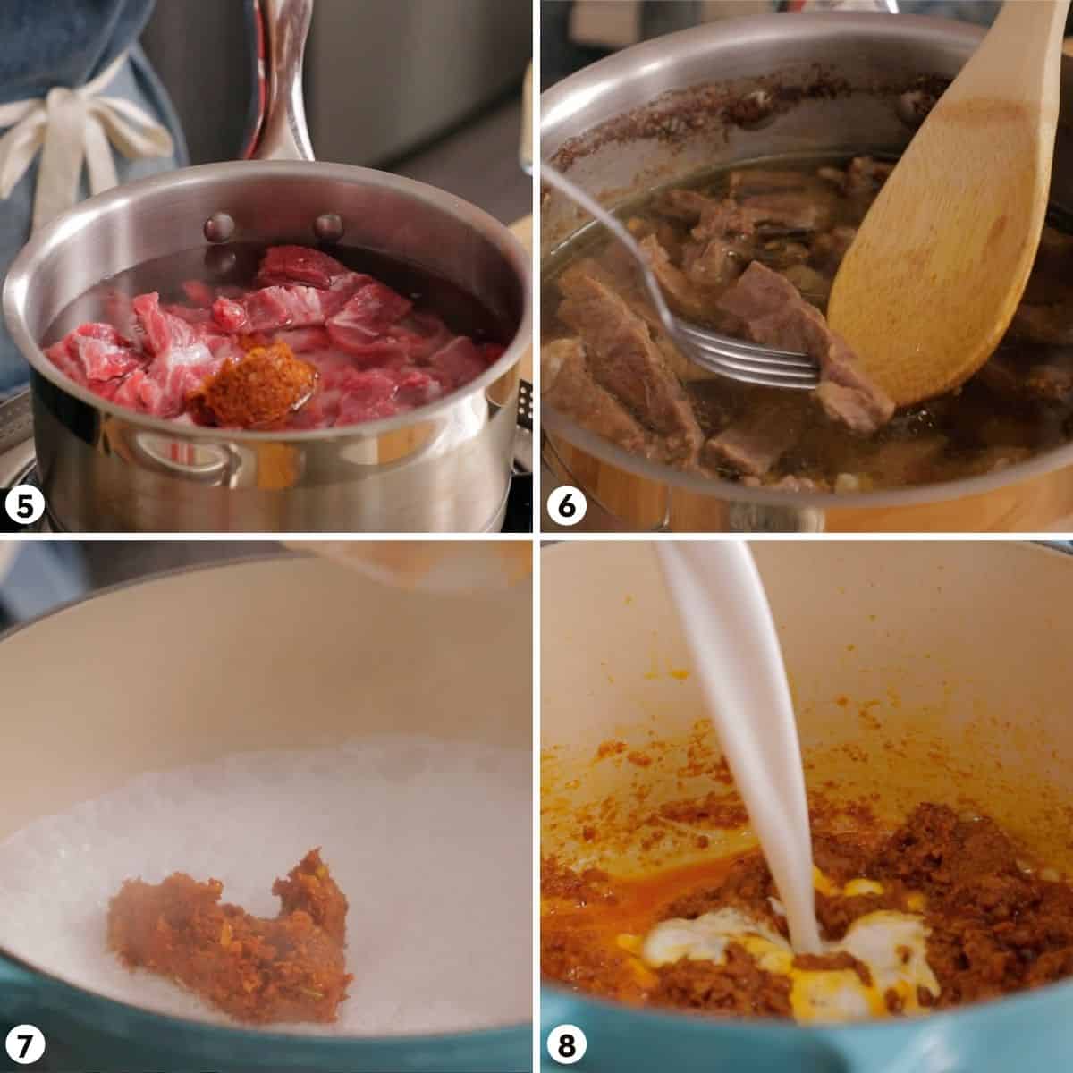 Process shots for making yellow curry beef, steps 5-8