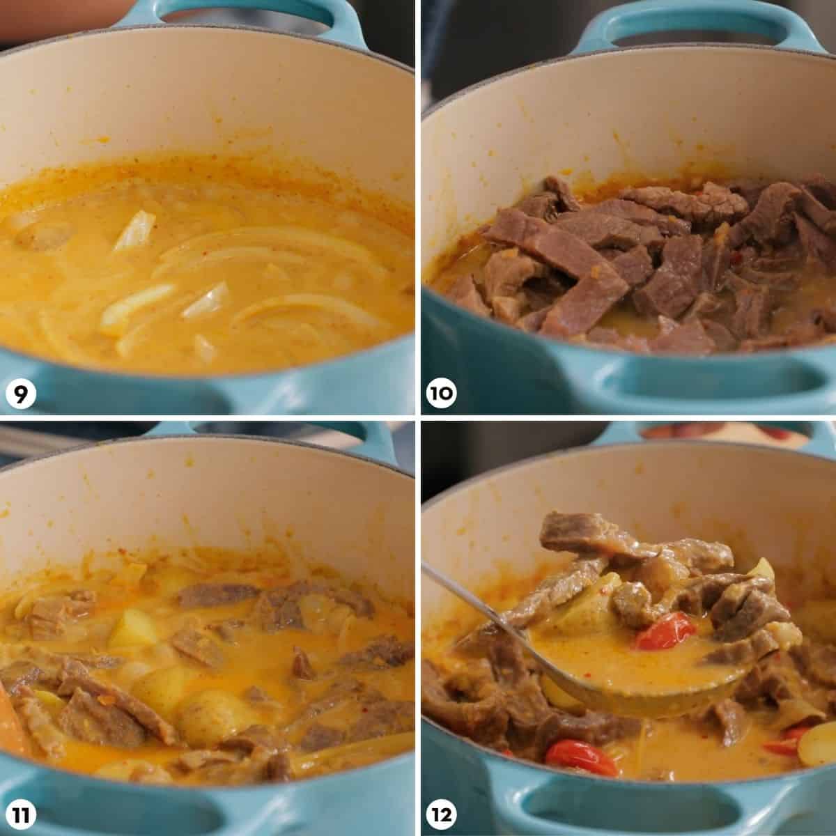 Process shots for making yellow curry beef, steps 9-12