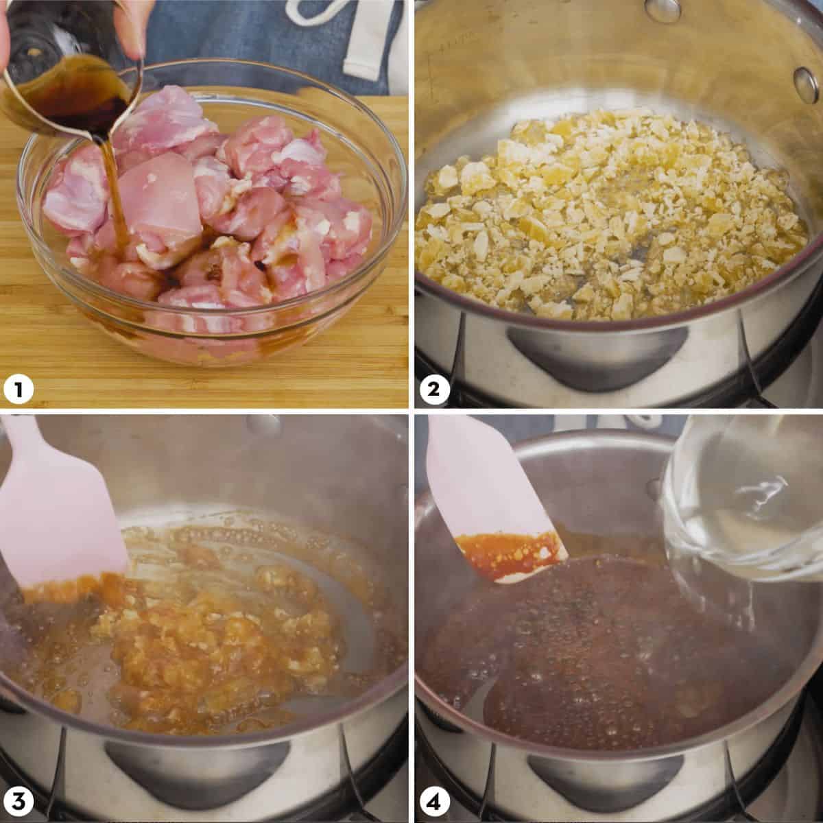 Process shots for making caramel chicken steps 1-4
