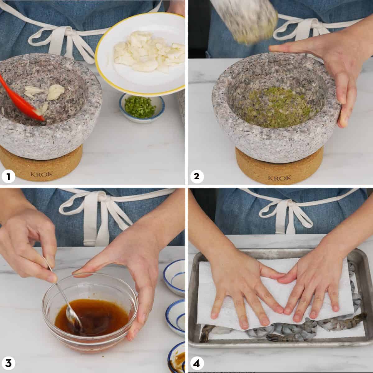Process shots for making garlic shrimp, steps 1-4