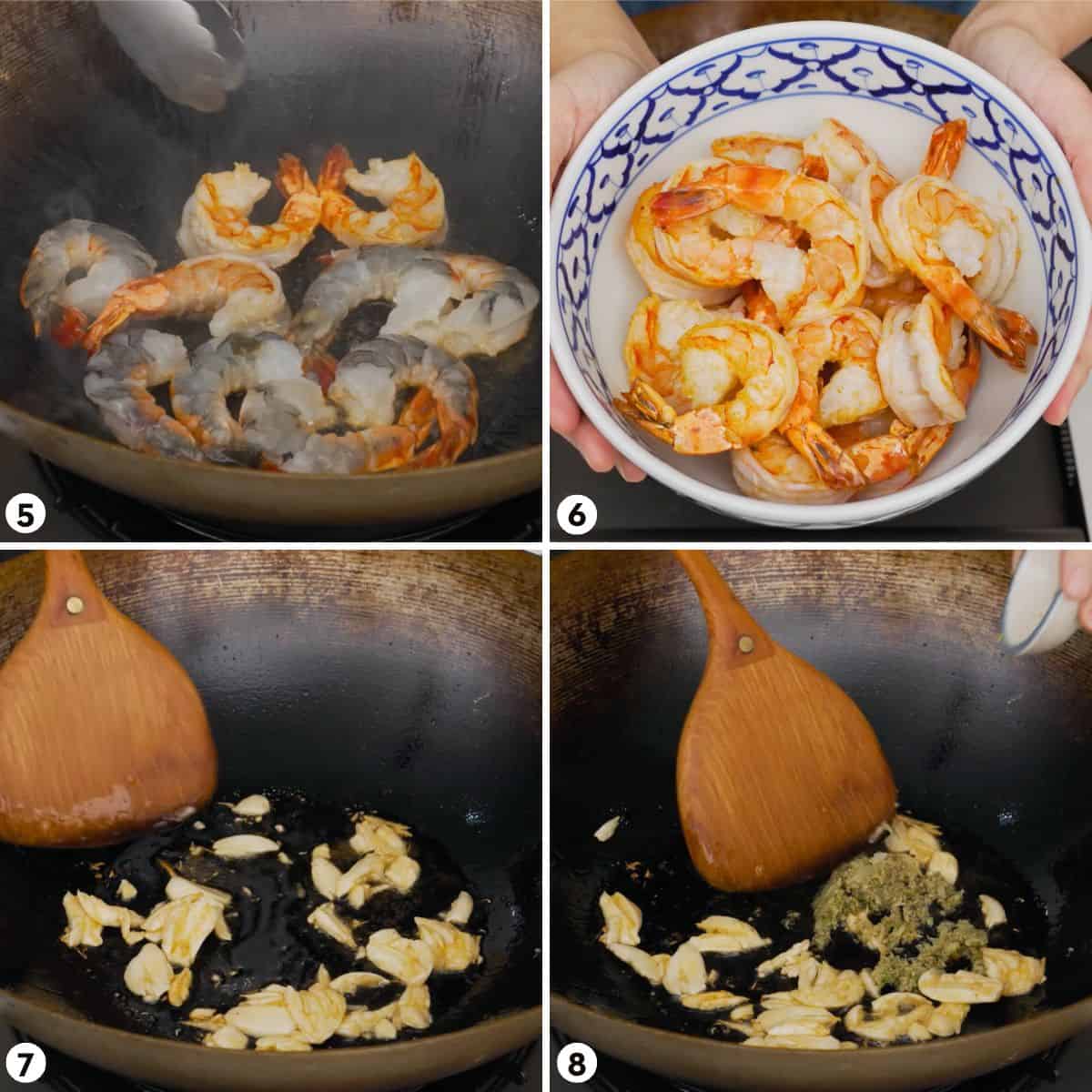 Process shots for making garlic shrimp, steps 5-8