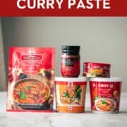 5 brands of thai curry paste, with text: Best & worst thai curry paste, a Thai chef's review
