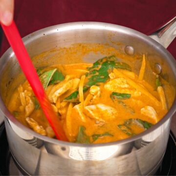 a pot of red curry chicken with bamboo shoots
