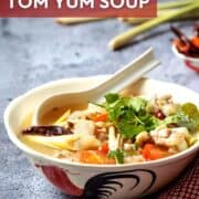 a bowl of chicken wing tom yum with text "Thai chicken tom yum soup"