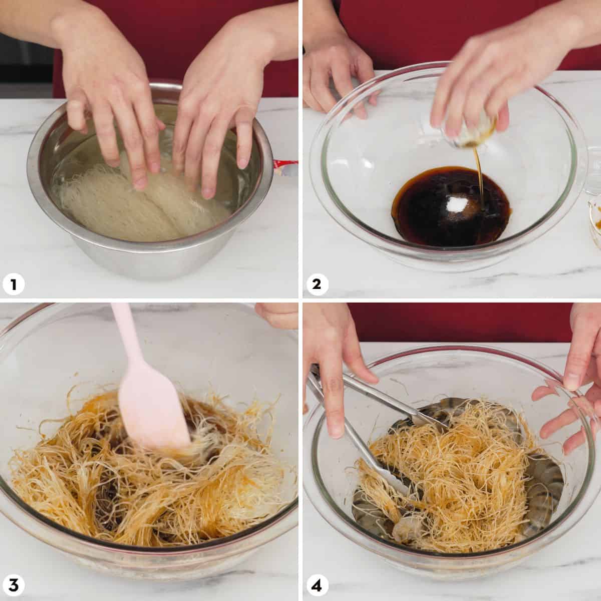 Process shots for how to cook noodles in a rice cooker, steps 1-4
