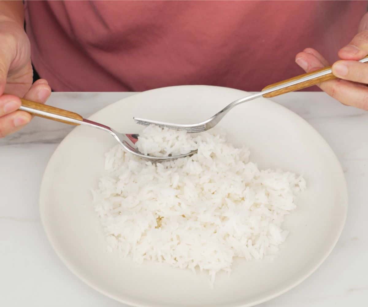 a spoon and fork scooping rice on a plate