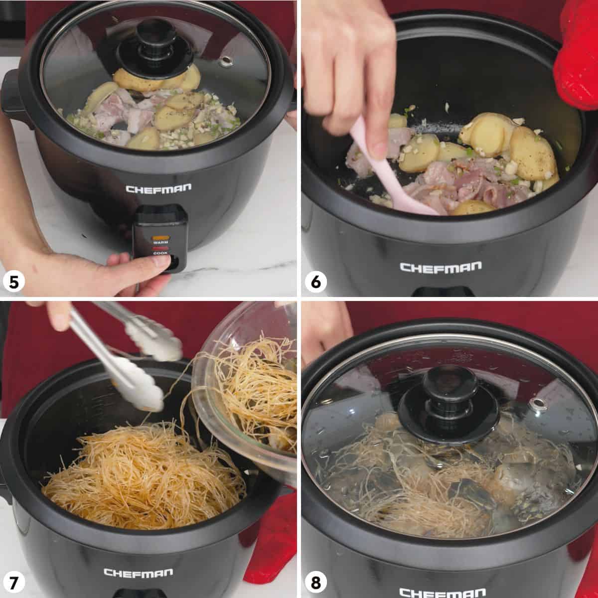 Process shots for how to cook noodles in a rice cooker, steps 5-8