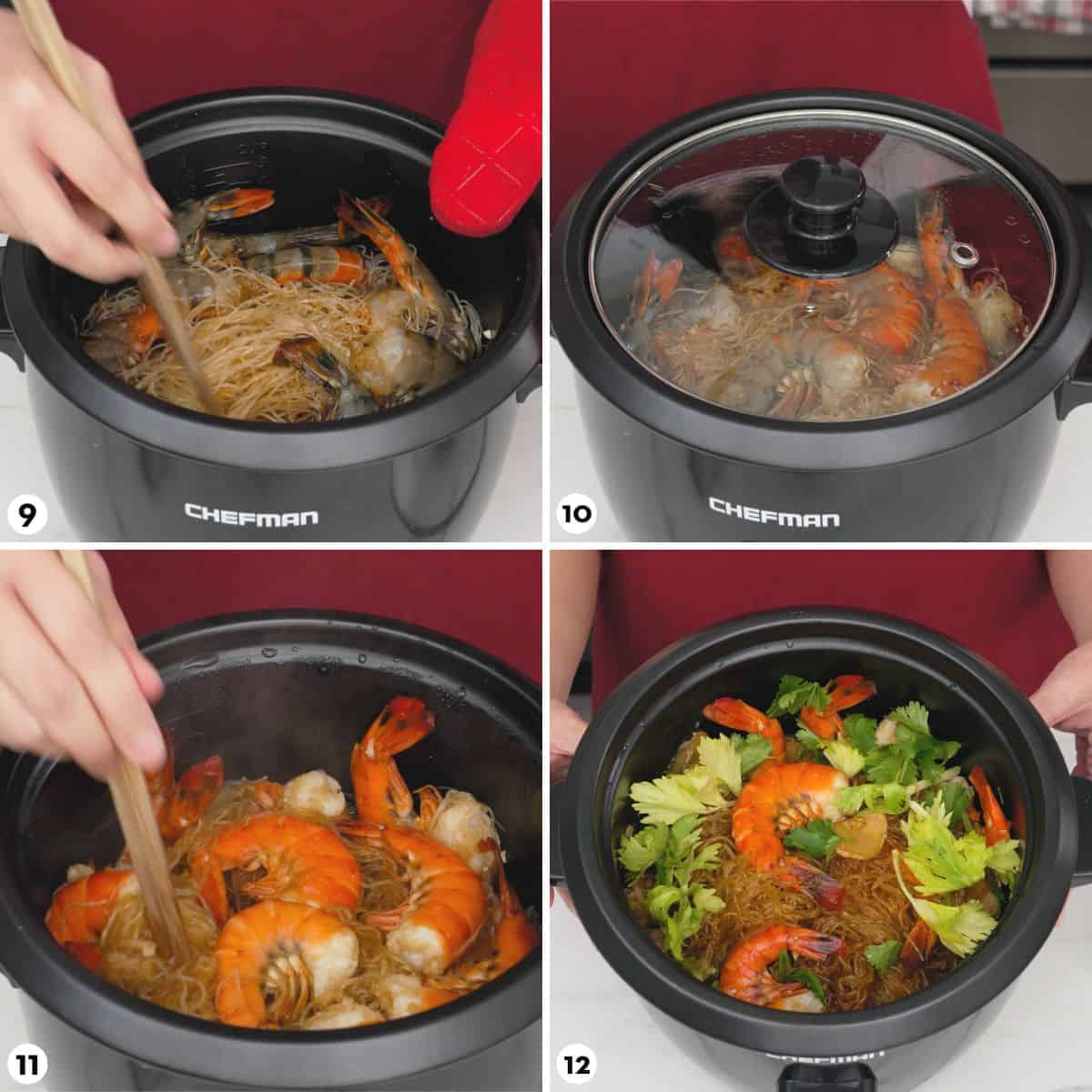 Process shots for how to cook noodles in a rice cooker, steps 9-12