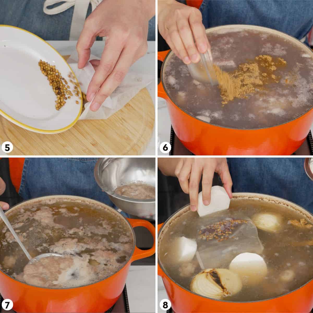 process shots for how to make beef pho, steps 5-8