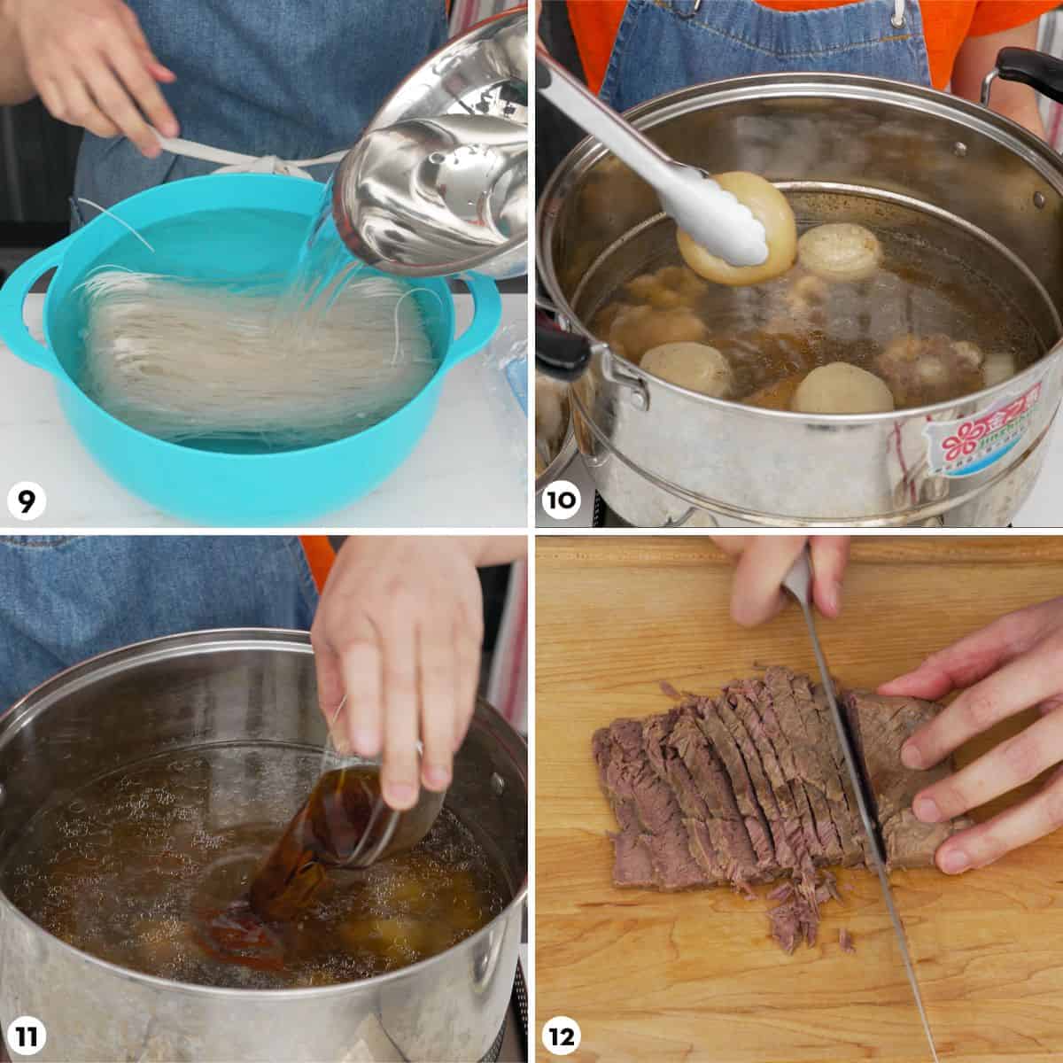 process shots for how to make beef pho, steps 9-12
