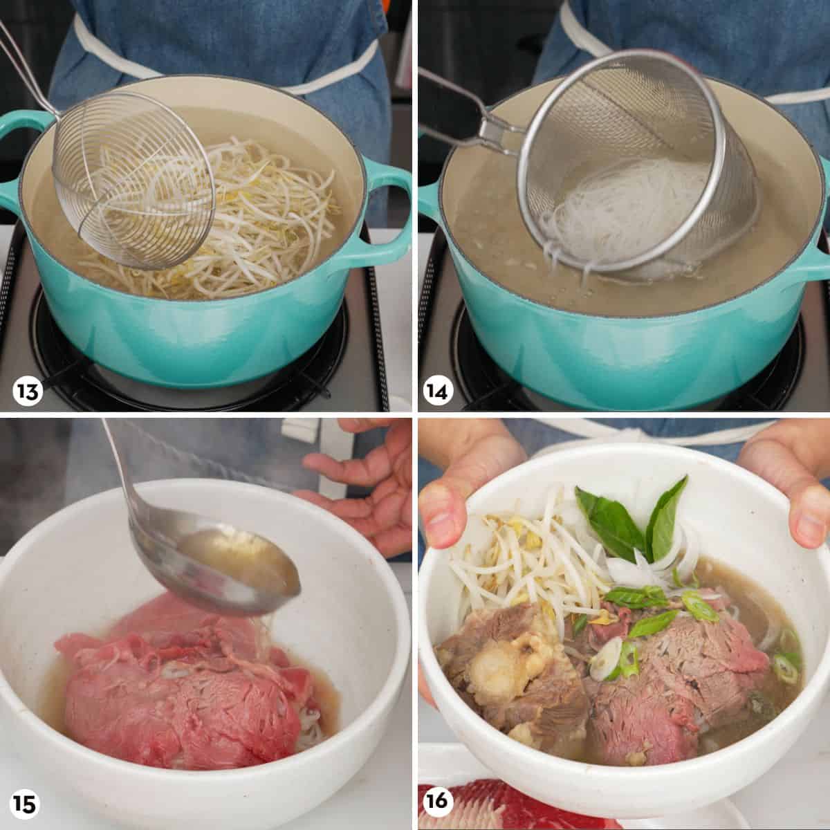 process shots for how to make beef pho, steps 13-16