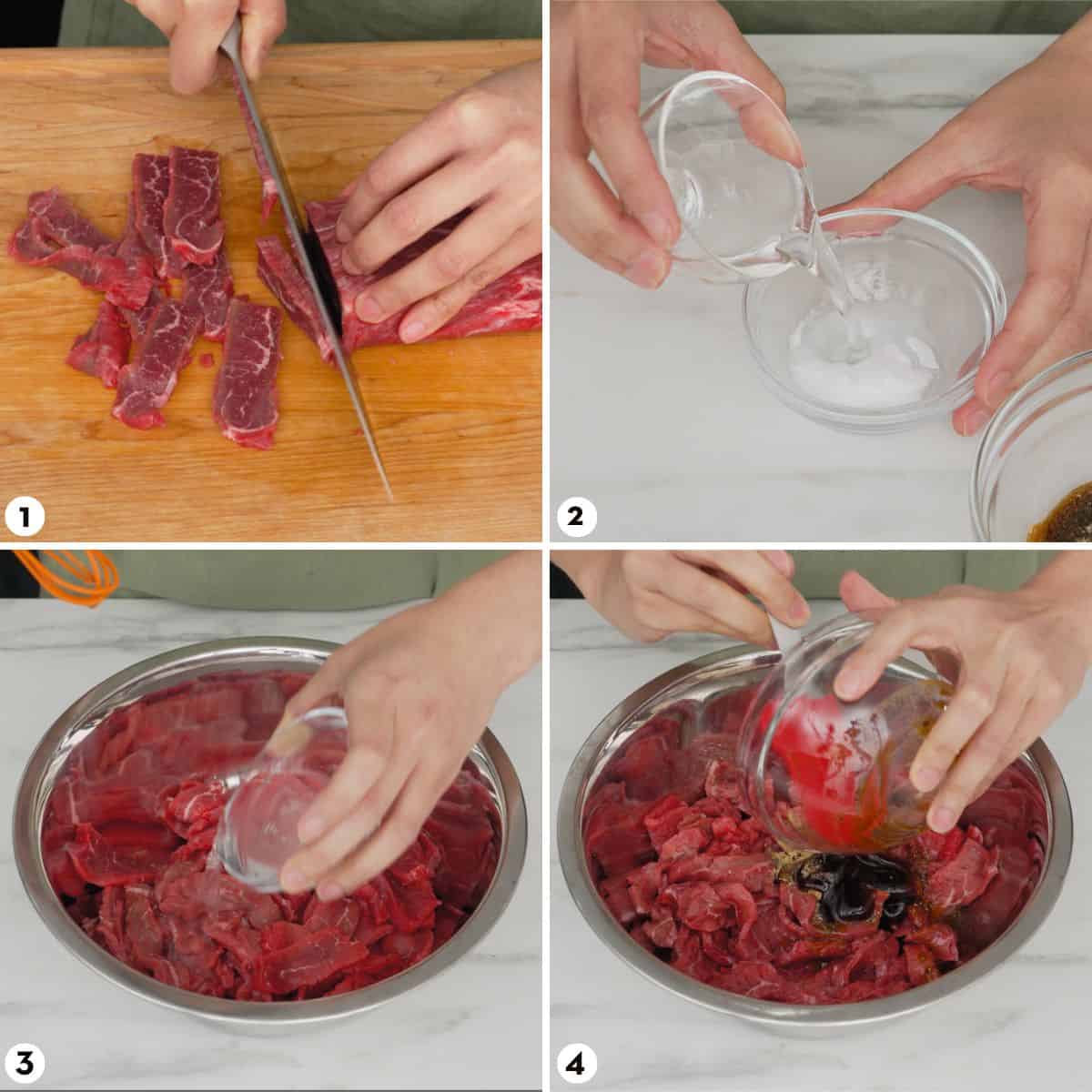 process shots for tomato beef stir fry steps 1-4