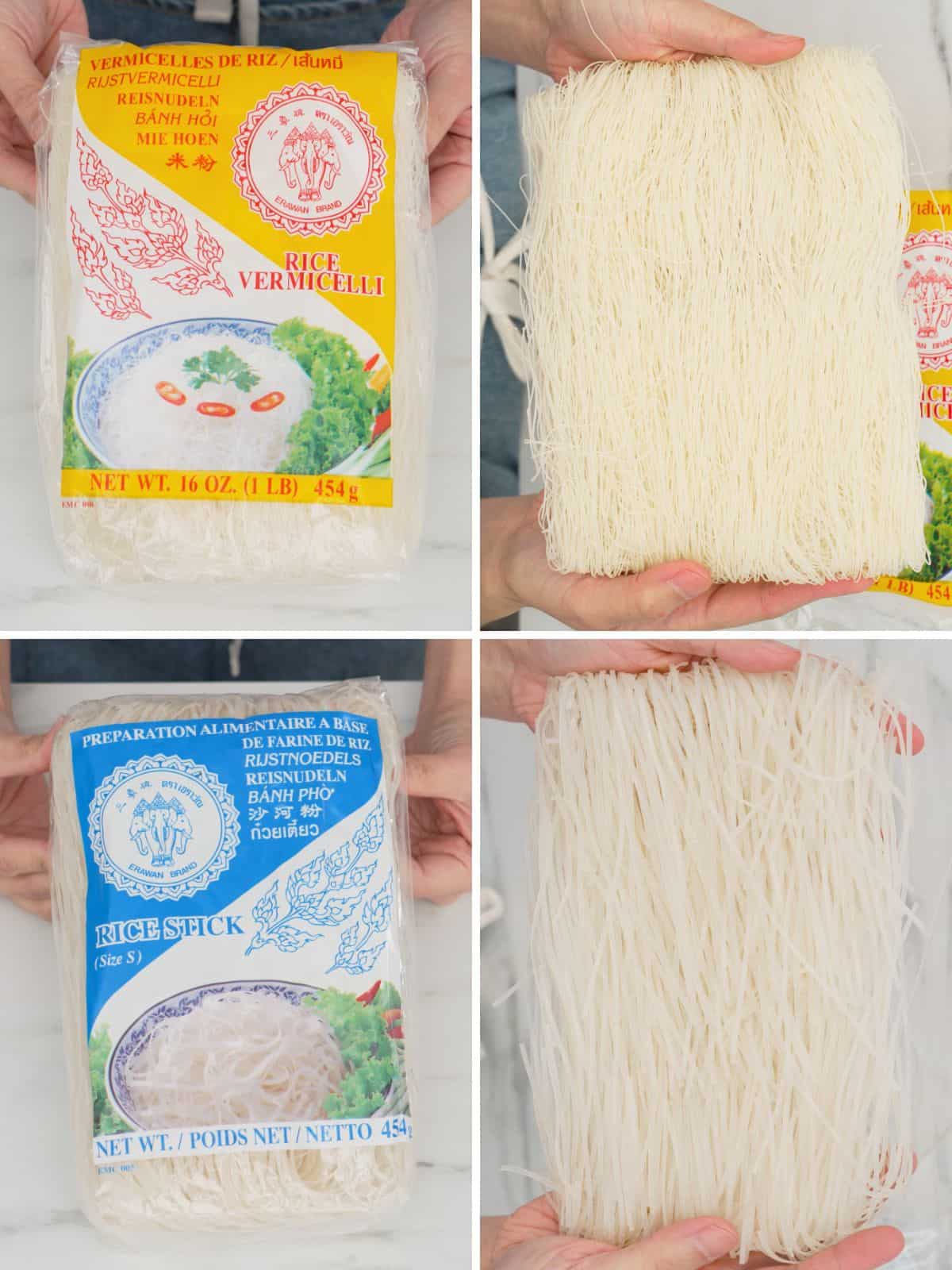 a grid of rice vermicelli in package and out of package, and small size rice noodles in package and out of package