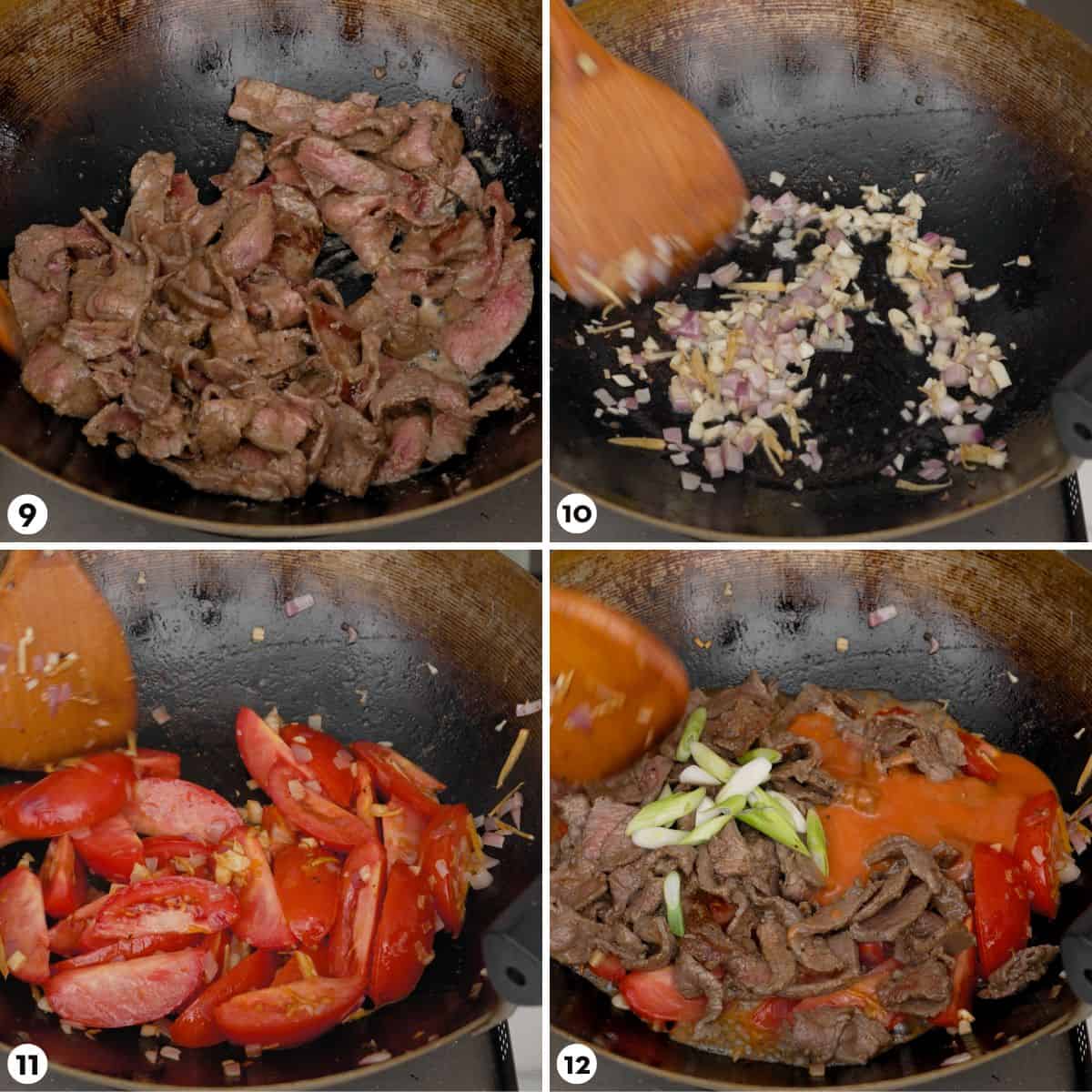 process shots for tomato beef stir fry steps 9-12