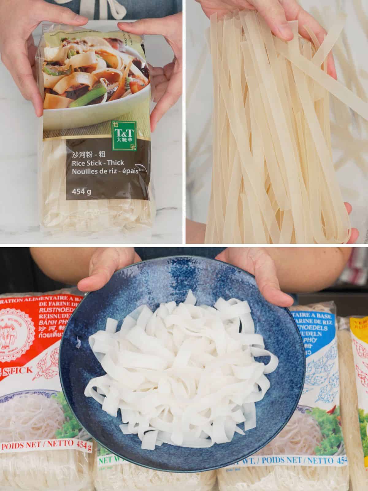 a gred of thick rice noodles in package, out of package, and fresh rice noodles