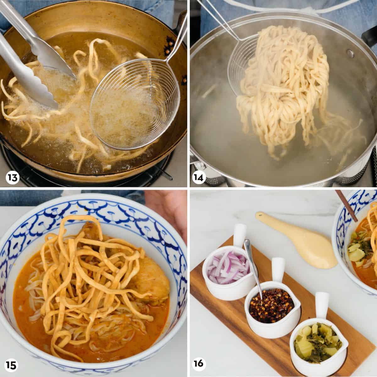 Process shots for making khao soi steps 13-16