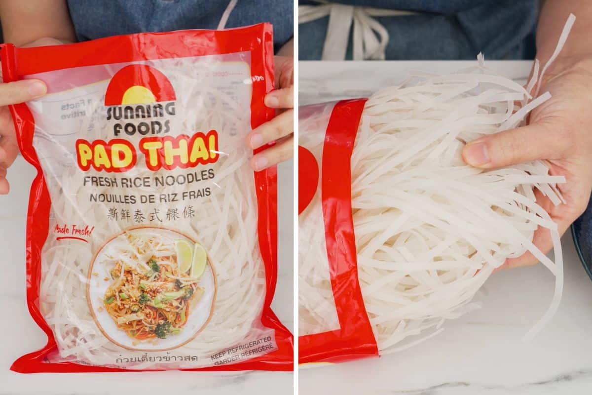 Bag of raw fresh rice pad thai noodles and the noodles being pulled out of the bag.