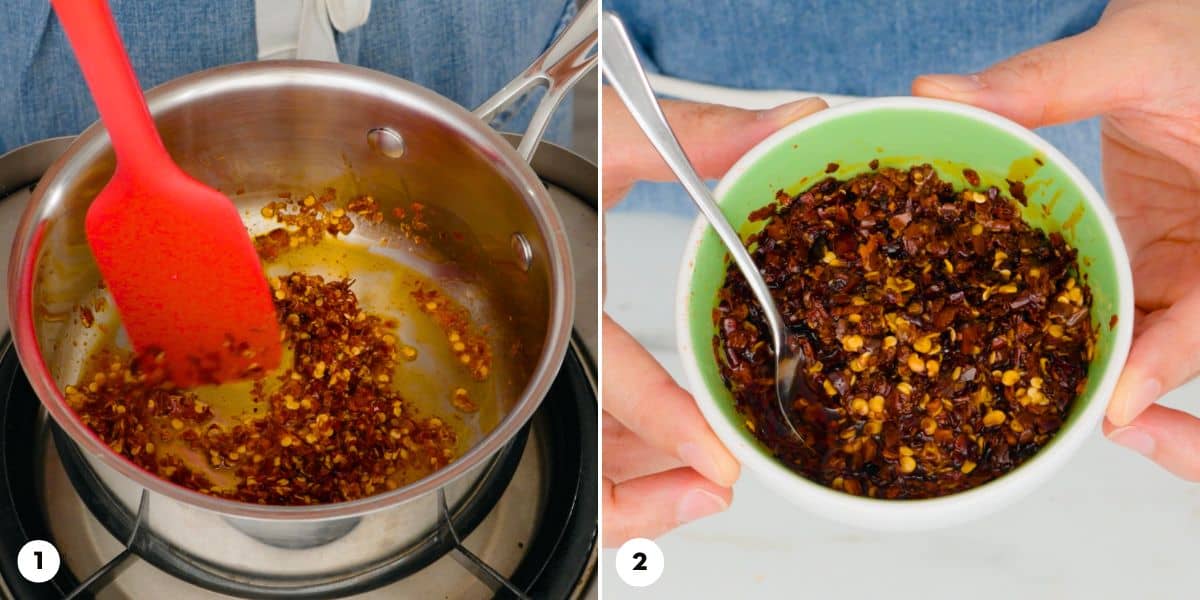 Process shots for making fried chili flakes, steps 1-2