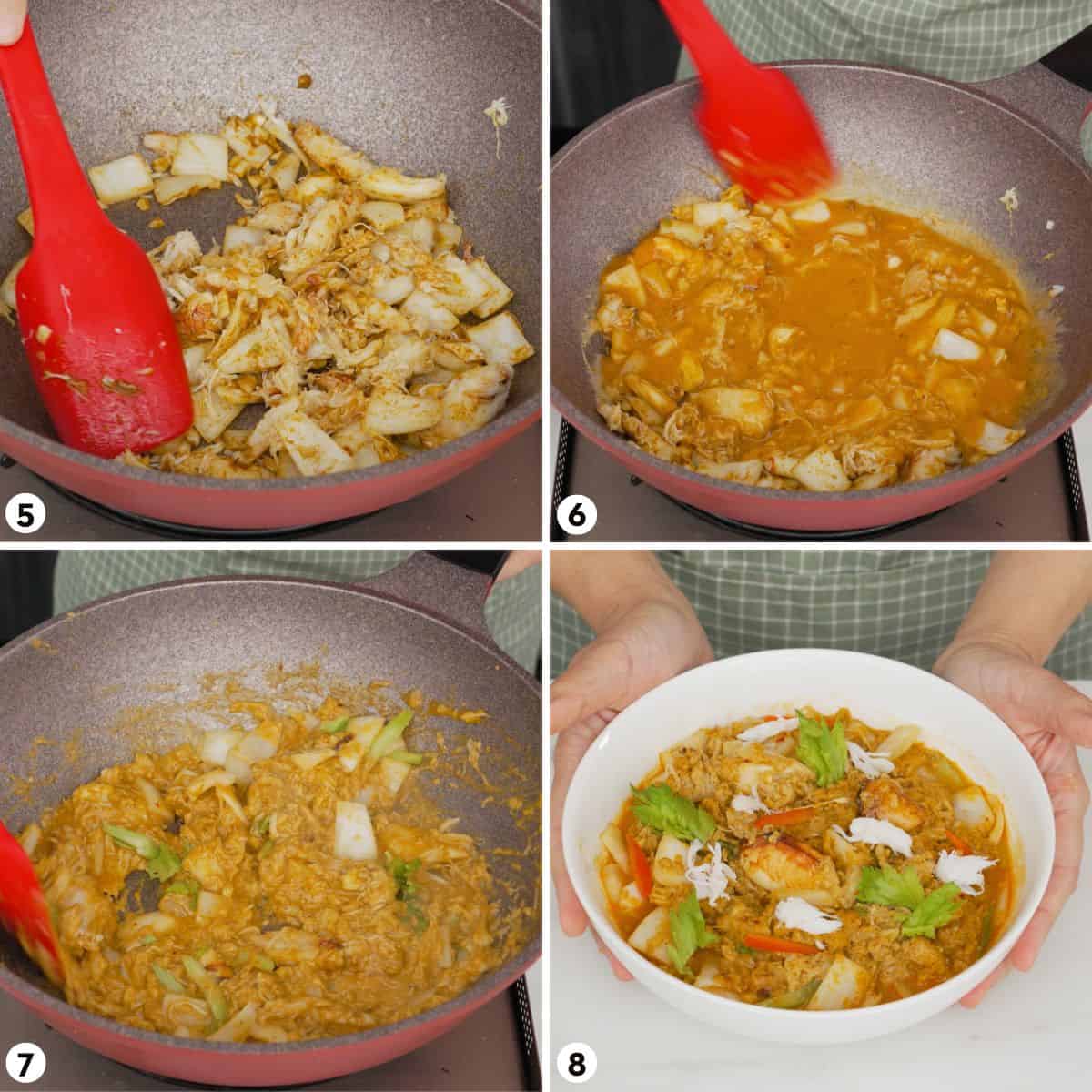 process shots for how to make crab curry stir fry, steps 5-8