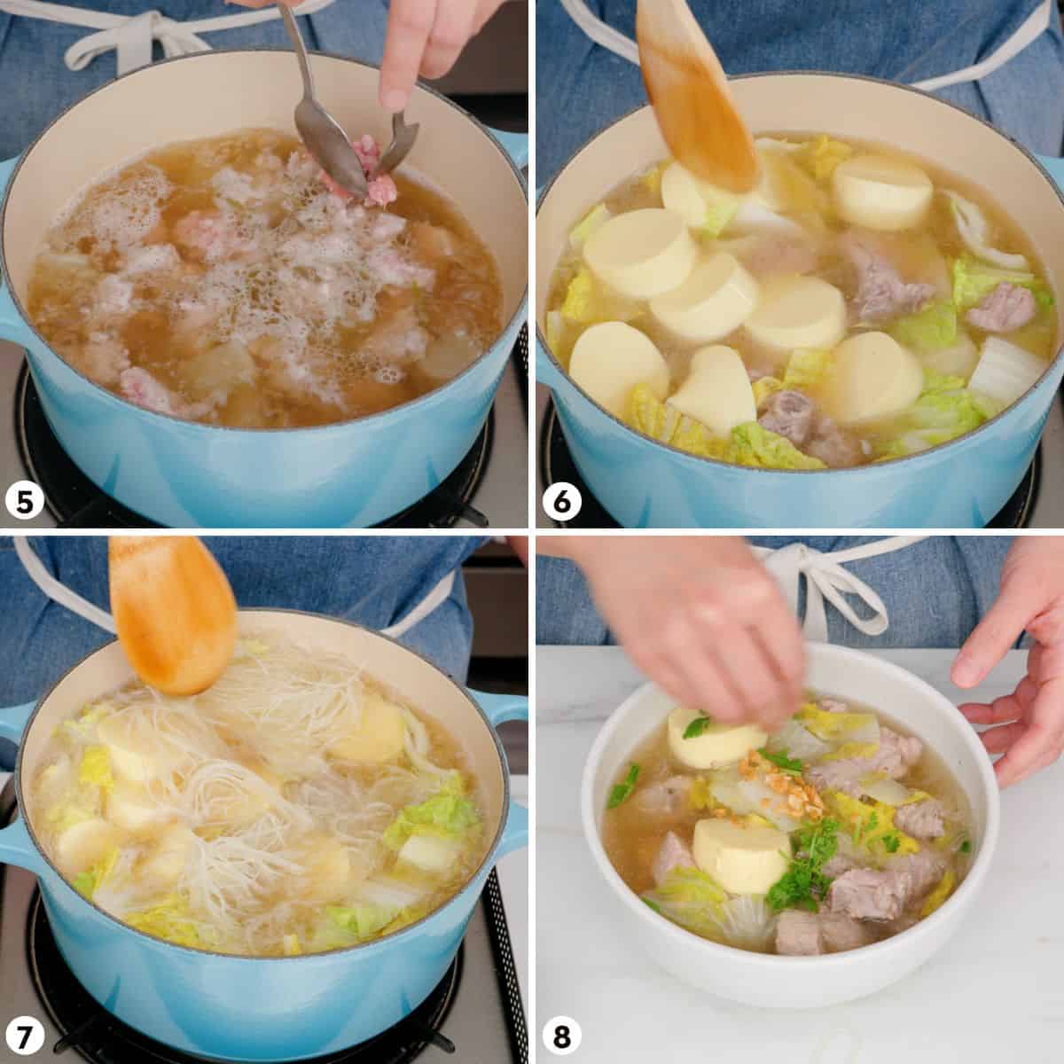 process shots for making glass nodle soup, steps 5-8