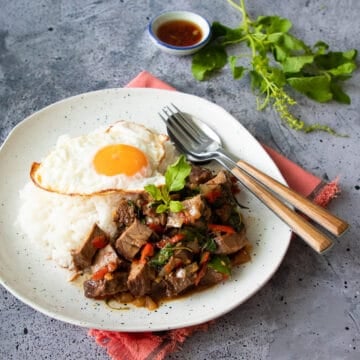 a plate of pad kra pao beef with rice and a fried egg. A side of fish sauce condiment and holy basil sprigs