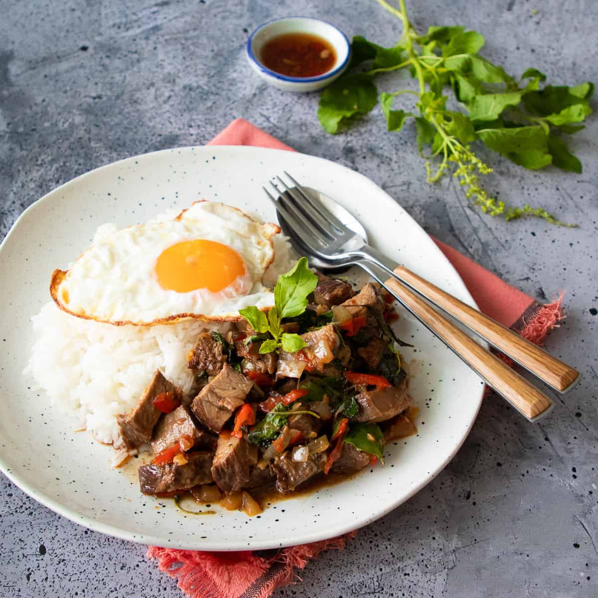 a plate of pad kra pao beef with rice and a fried egg. A side of fish sauce condiment and holy basil sprigs