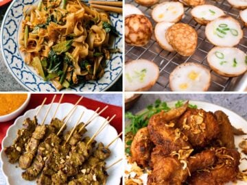 a grid of 4 images of thai street food: pad see ew, kanom krok, fried chicken, and beef satay