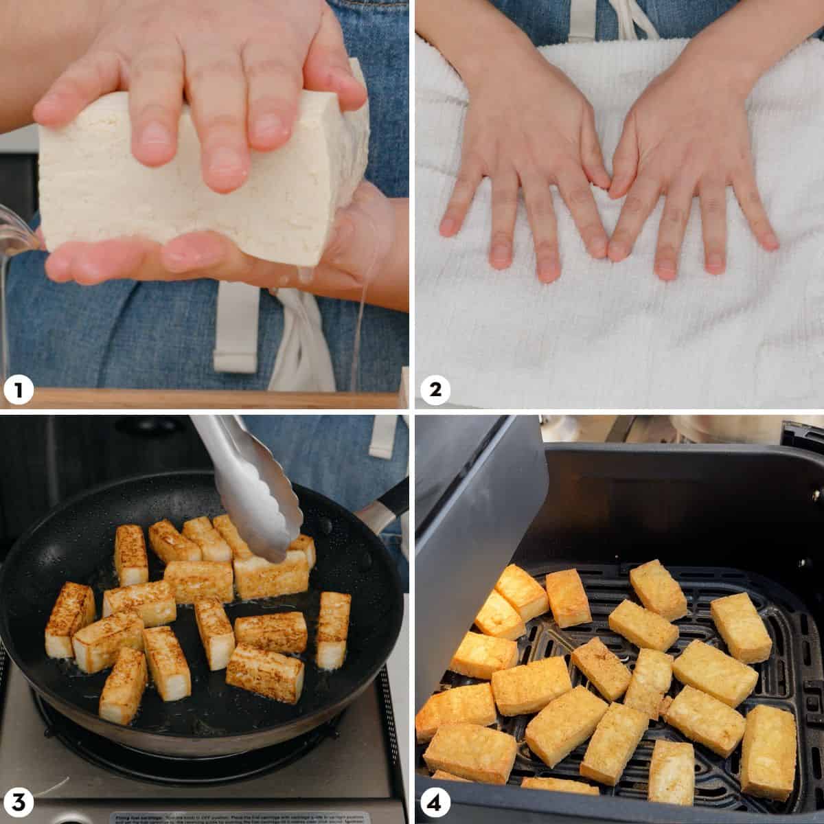 Process shots for how to fry firm frozen tofu, steps 1-4