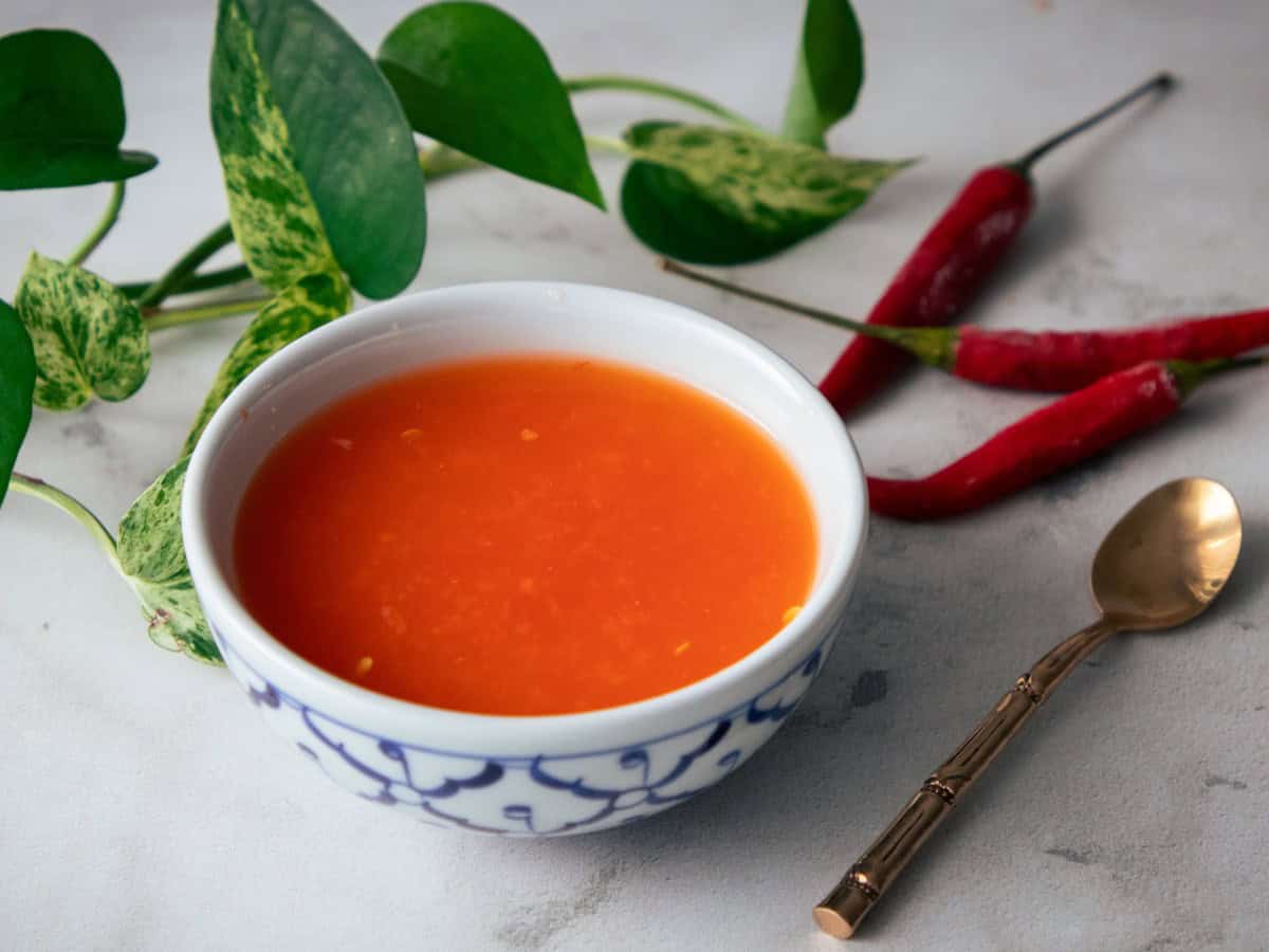 a bowl of chili vinegar with chilies and plants in the background.