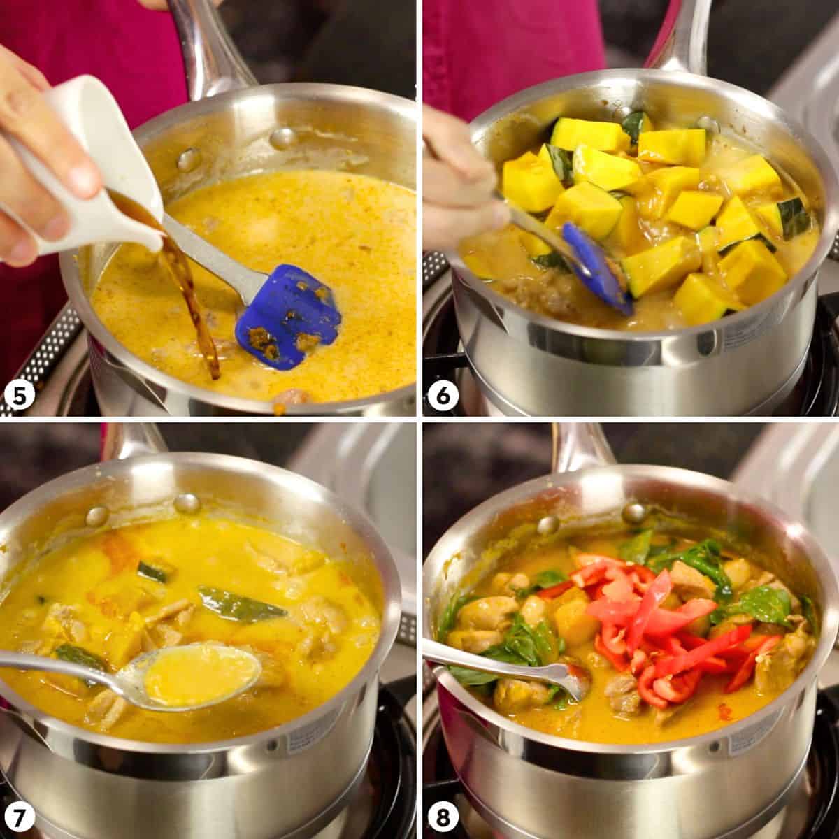 process shots for making red curry chicken, steps 5-6