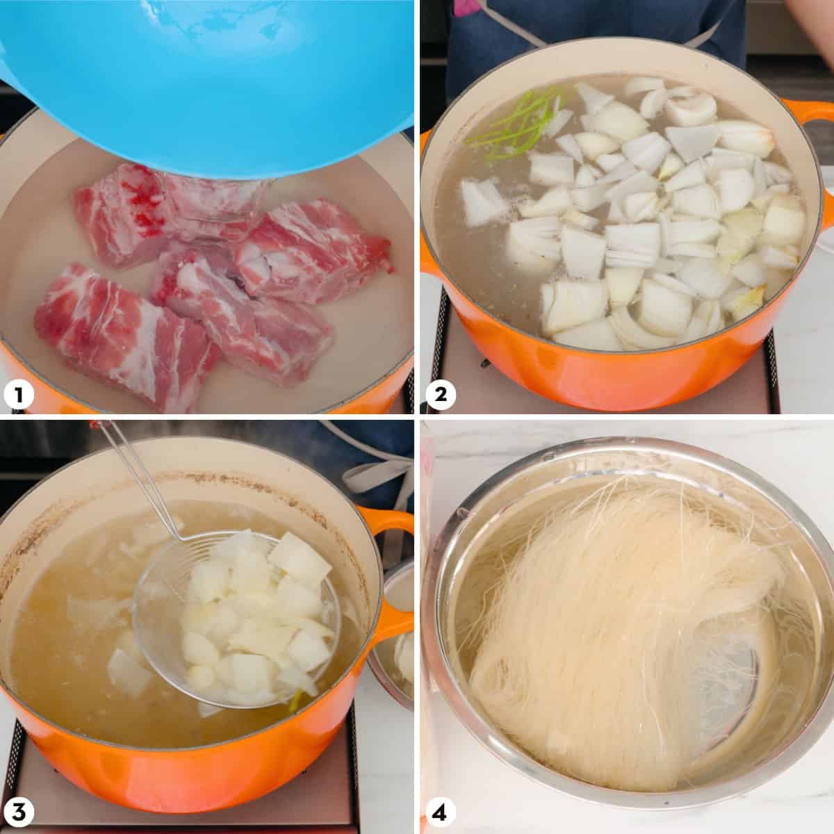 Process shots for making thai noodle soup steps 1-4