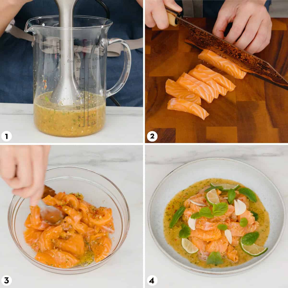 process shots for making salmon salad steps 1-4