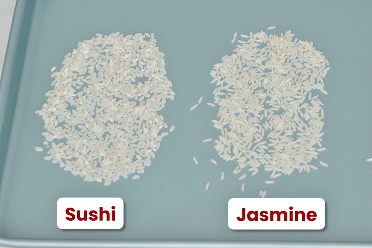 raw jasmine rice on a blue tray beside raw sushi rice