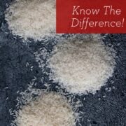 3 piles of raw rice with text overlay "types of rice 101 know the difference!" and "hotthaikitchen.com".