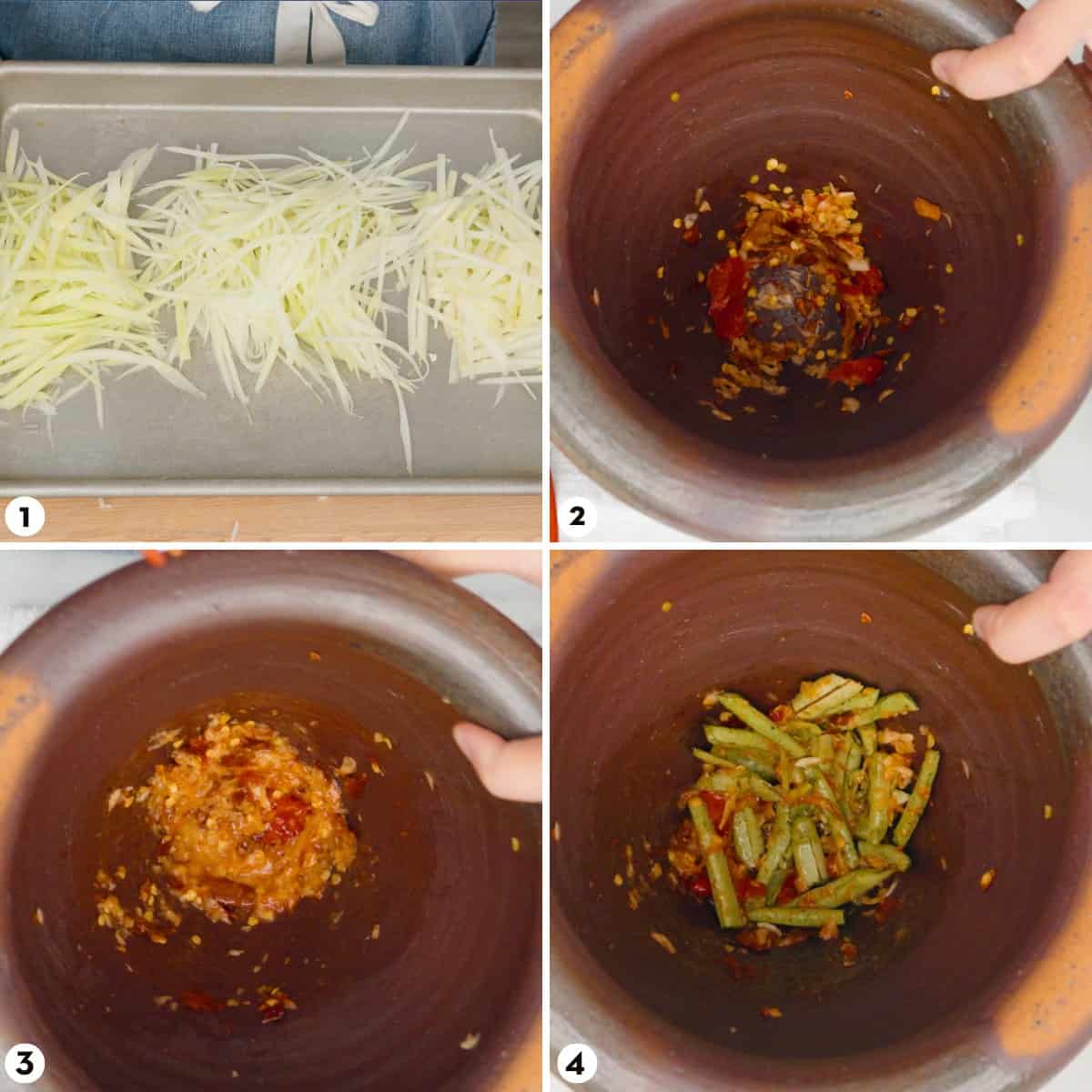 Process shots for how to make papaya salad using a mortar and pestle steps 1-4