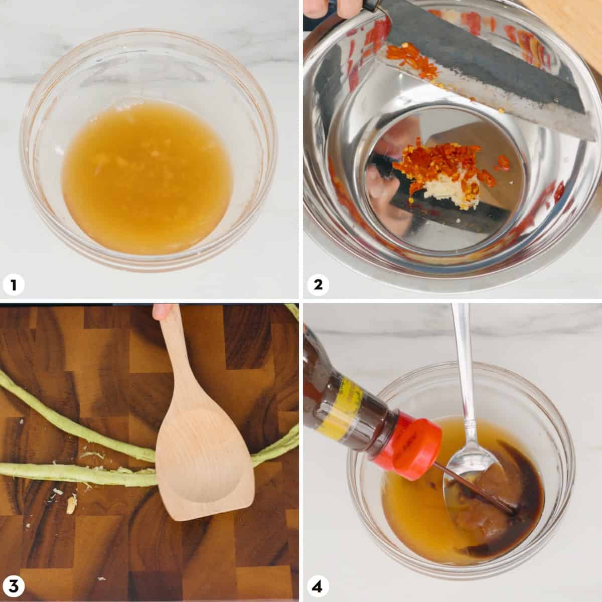 Process shots for how to make papaya salad without using a mortar and pestle steps 1-4